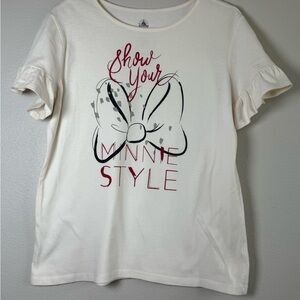 Disney Women's Cream Graphic Tee with Red & Black Minnie Bow